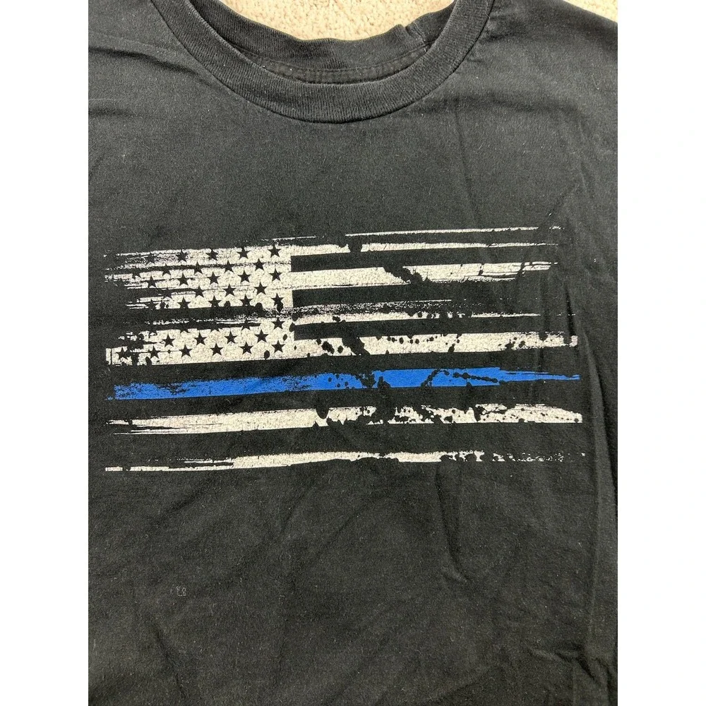 Thin Blue Line American Flag Shirt Mens 2XL Black Patriotic Police Support Tee‎ - Picture 2 of 11